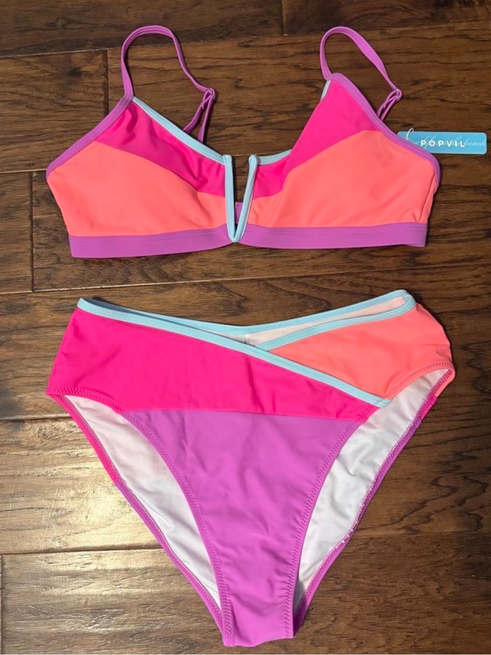 Colorblock V-Notch Bikini Set in Neon Pink, Coral & Lavender - Picture 7 of 7